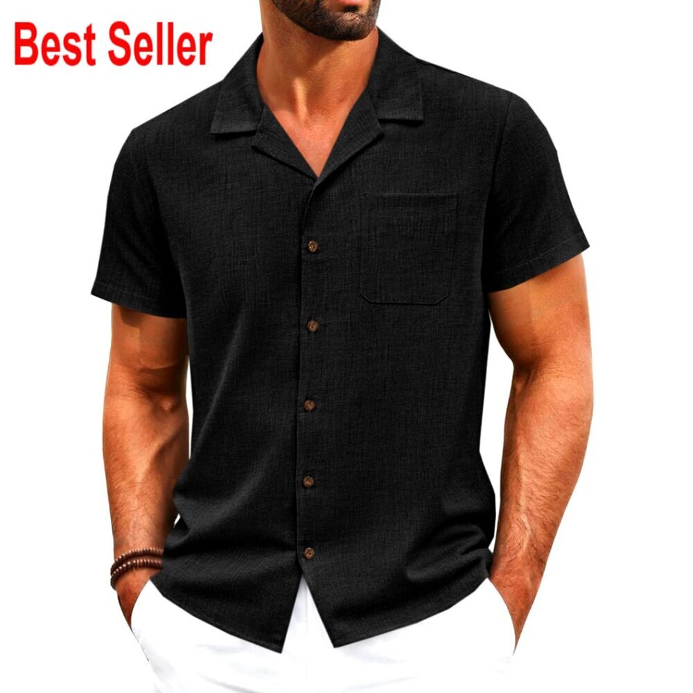 Men's Short Sleeve Button Down Shirt with Cuban Collar and Chest Pocket